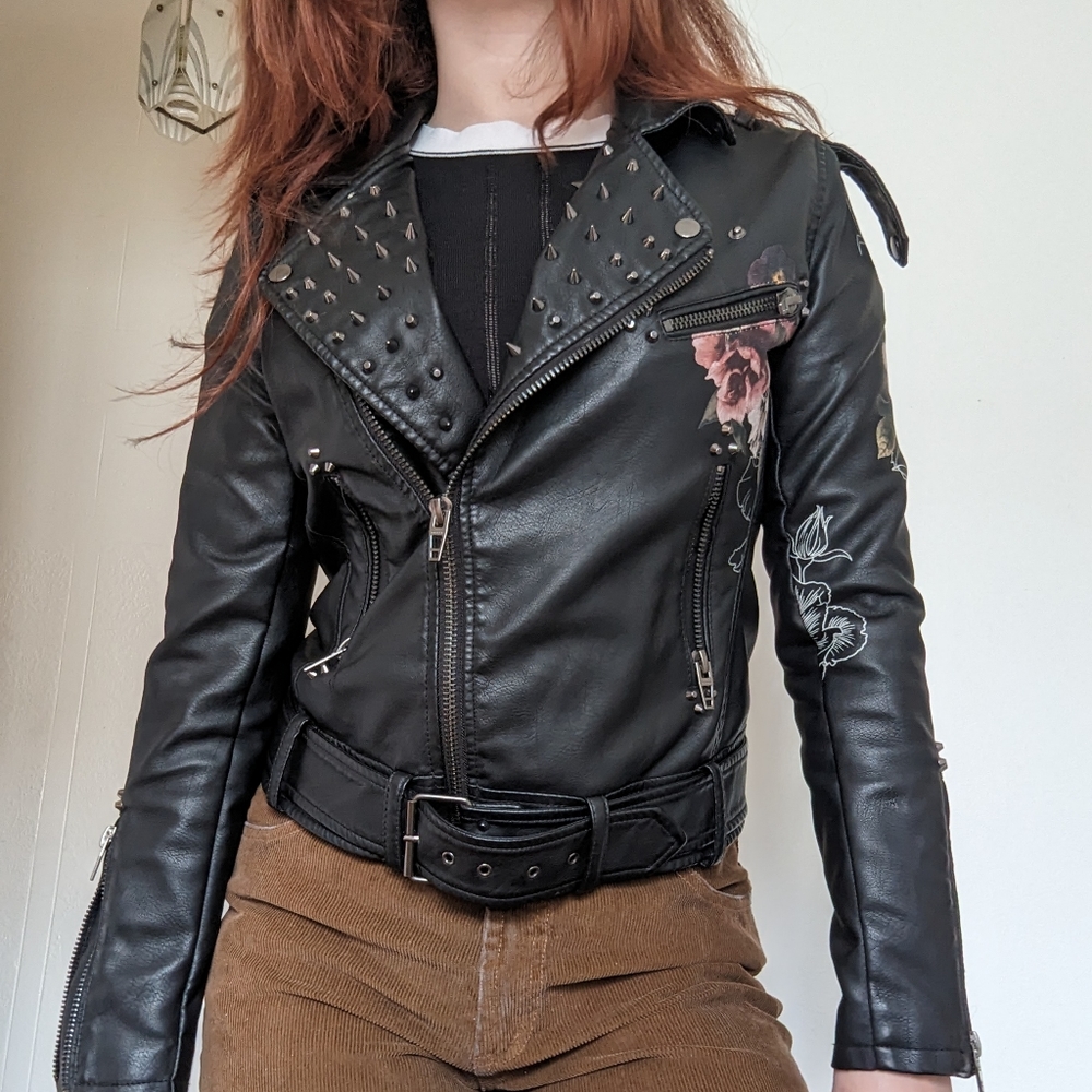 Black Love And Leave Faux Leather Jacket With Flower Embroidery